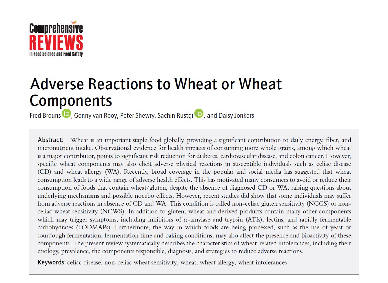 Comprehensive Reviews: Adverse Reactions to Wheat or Wheat Components